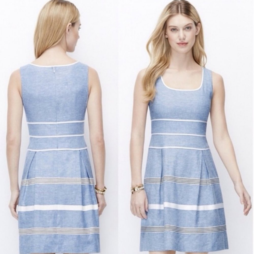 Ann Taylor Textured Stripe Flare Dress, Blue/White